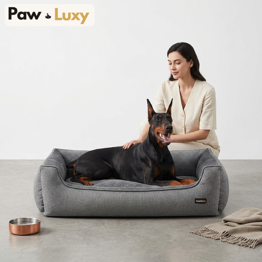Premium Dog Sofa Bed — Linen-Look with Raised Edges | Washable Removable Cover | Non-Slip Base