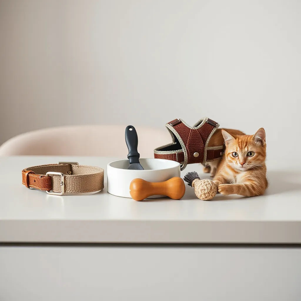 Dog and cat accessories on a tabletop, including collars, grooming brush, bowl, and toy.