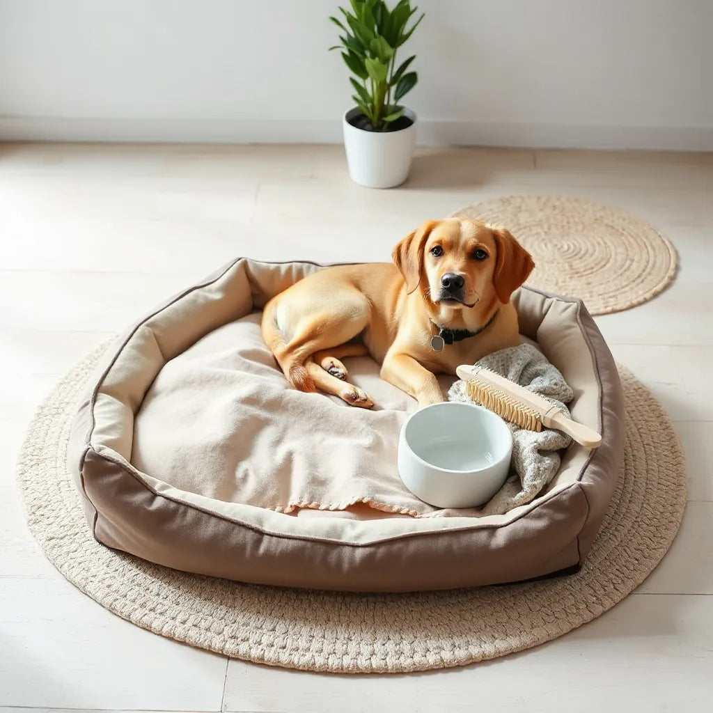 Stylish pet essentials arranged neatly: dog bed, blanket, water bowl, and grooming brush on a rug