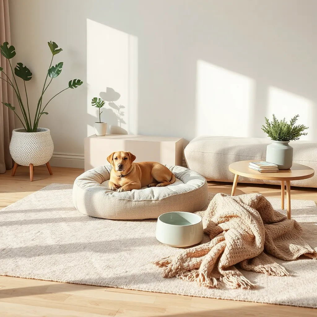 Modern living room with a neatly styled pet bed, blanket, and ceramic water bowl