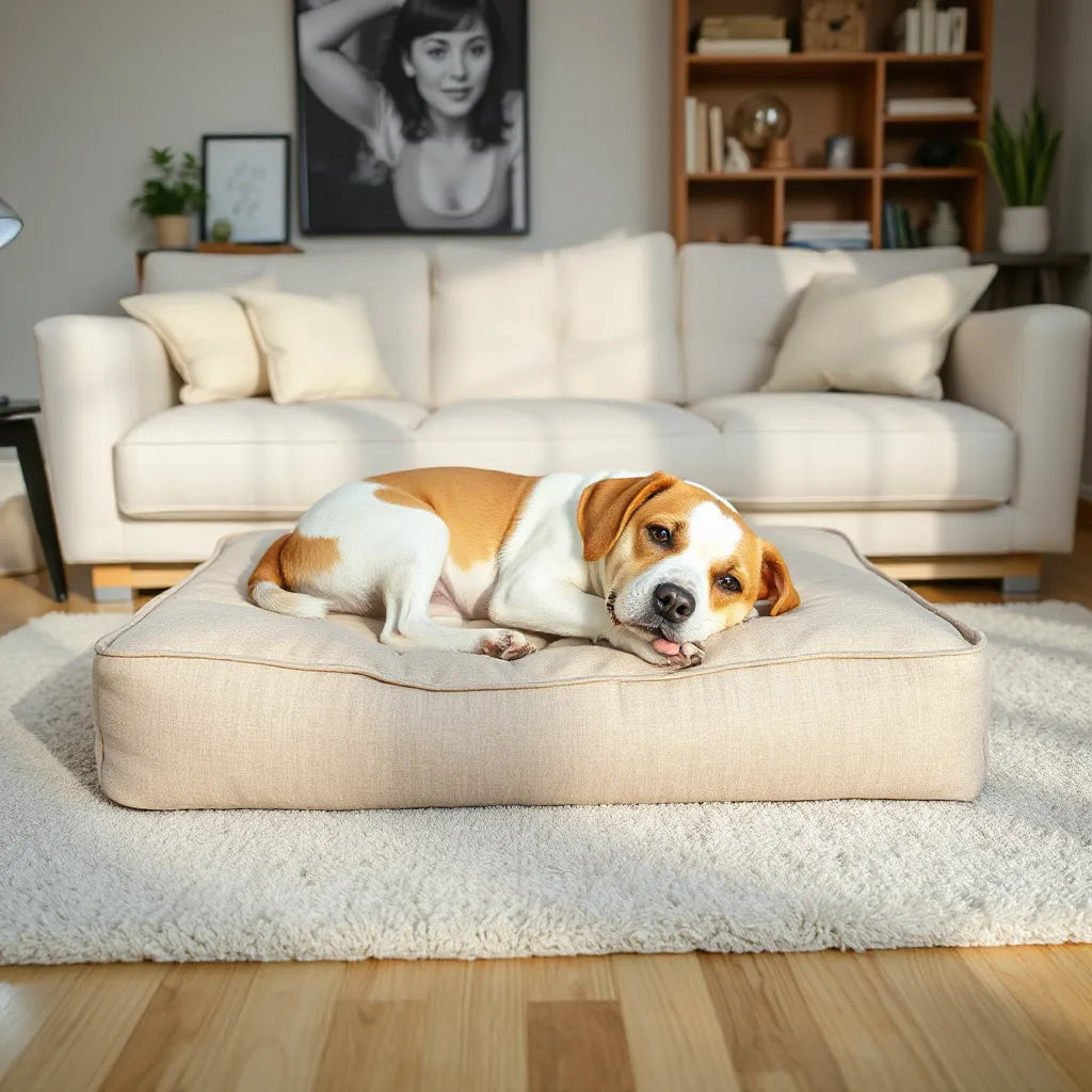 Dog resting comfortably on a supportive orthopaedic bed with thick foam cushioning