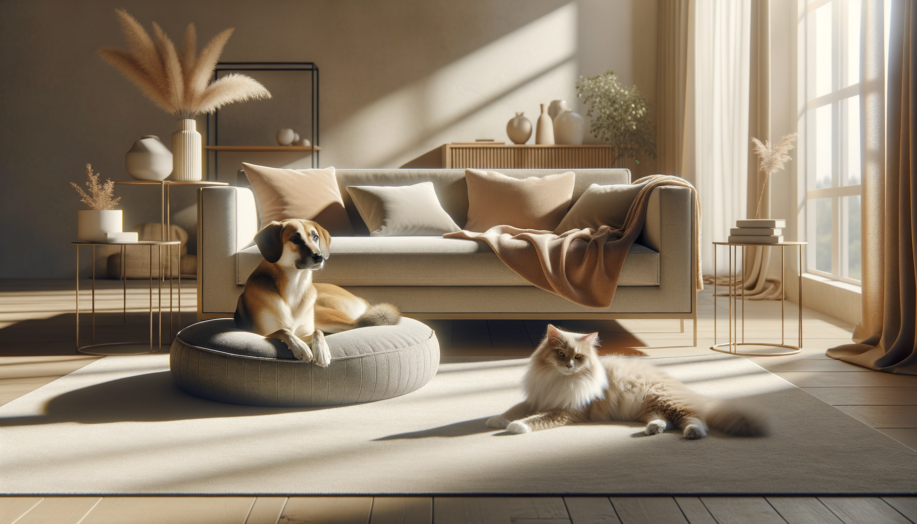 dog and cat resting on a plush pet bed in a sunlit modern living room