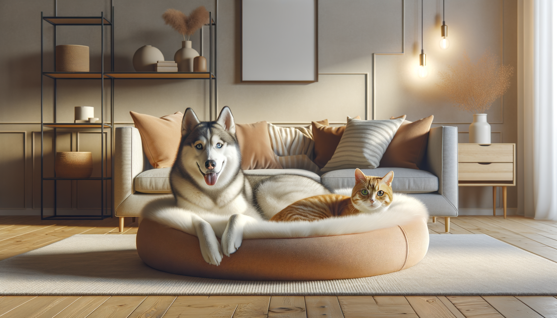 dog and cat resting together on a plush pet bed in a sunlit living room