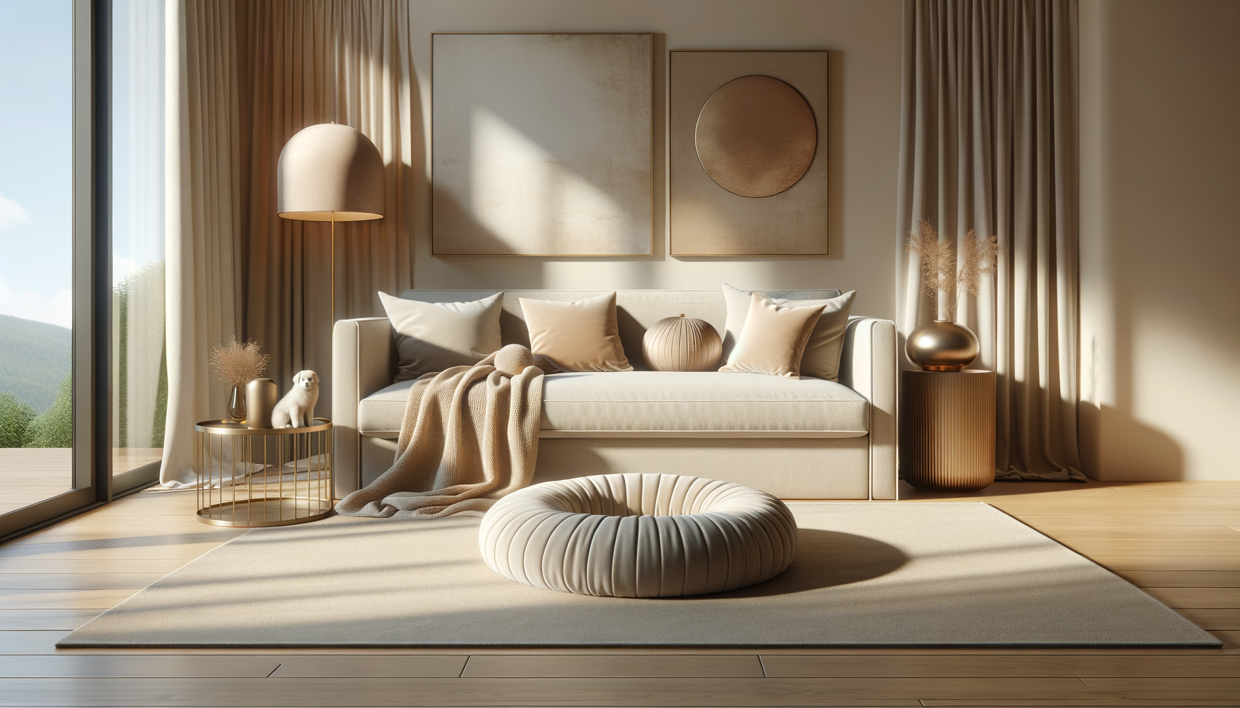 a stylish pet bed in a bright, modern living room with soft, inviting textures