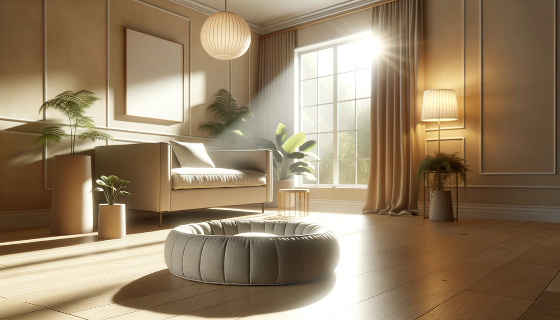 a stylish living room with premium pet beds bathed in soft natural light