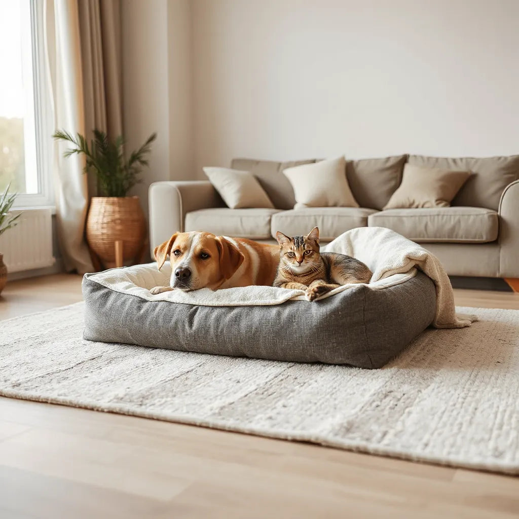 Calm dog and cat resting on a clean supportive pet bed in a bright, tidy room