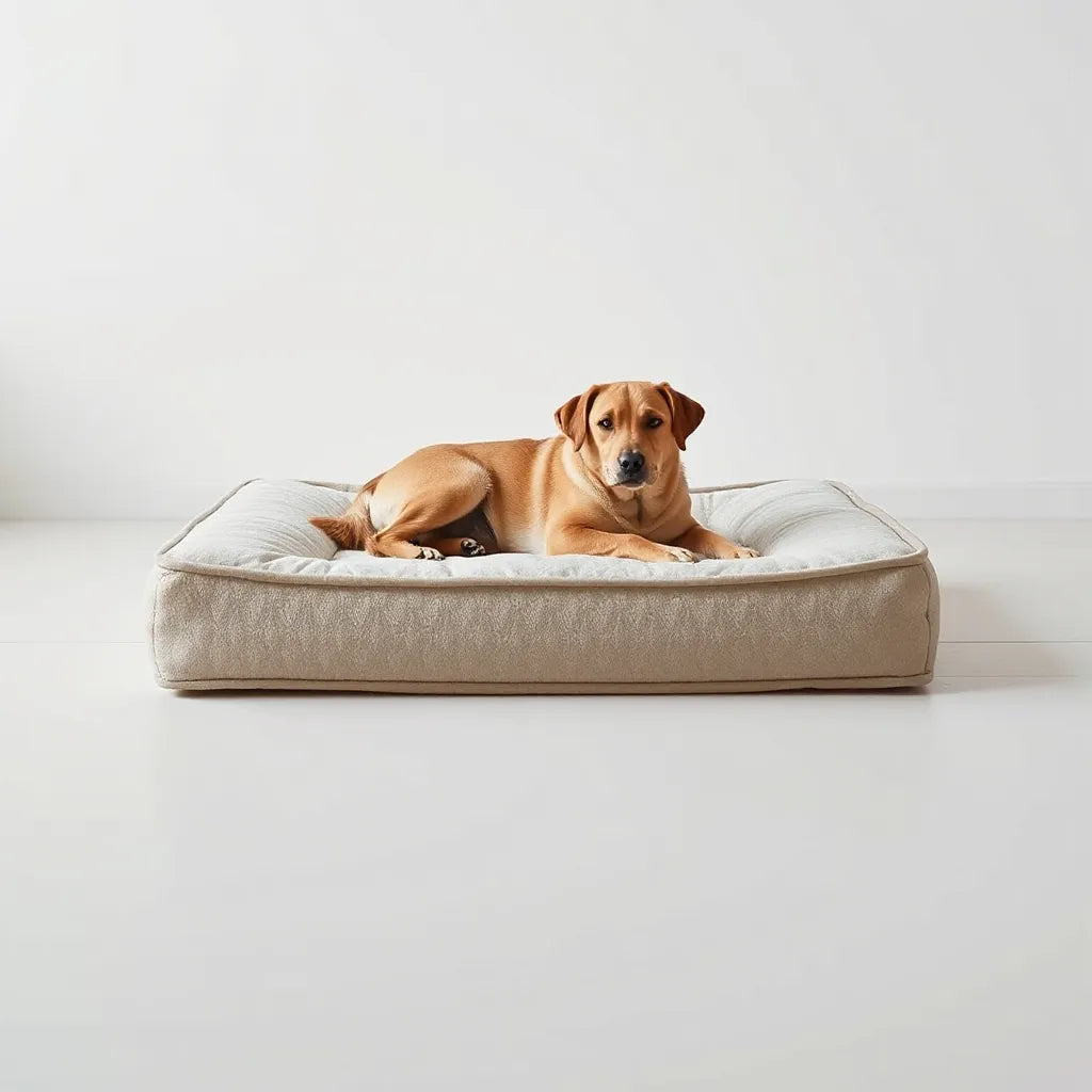 Calm dog resting on an orthopaedic support dog bed with thick foam cushioning