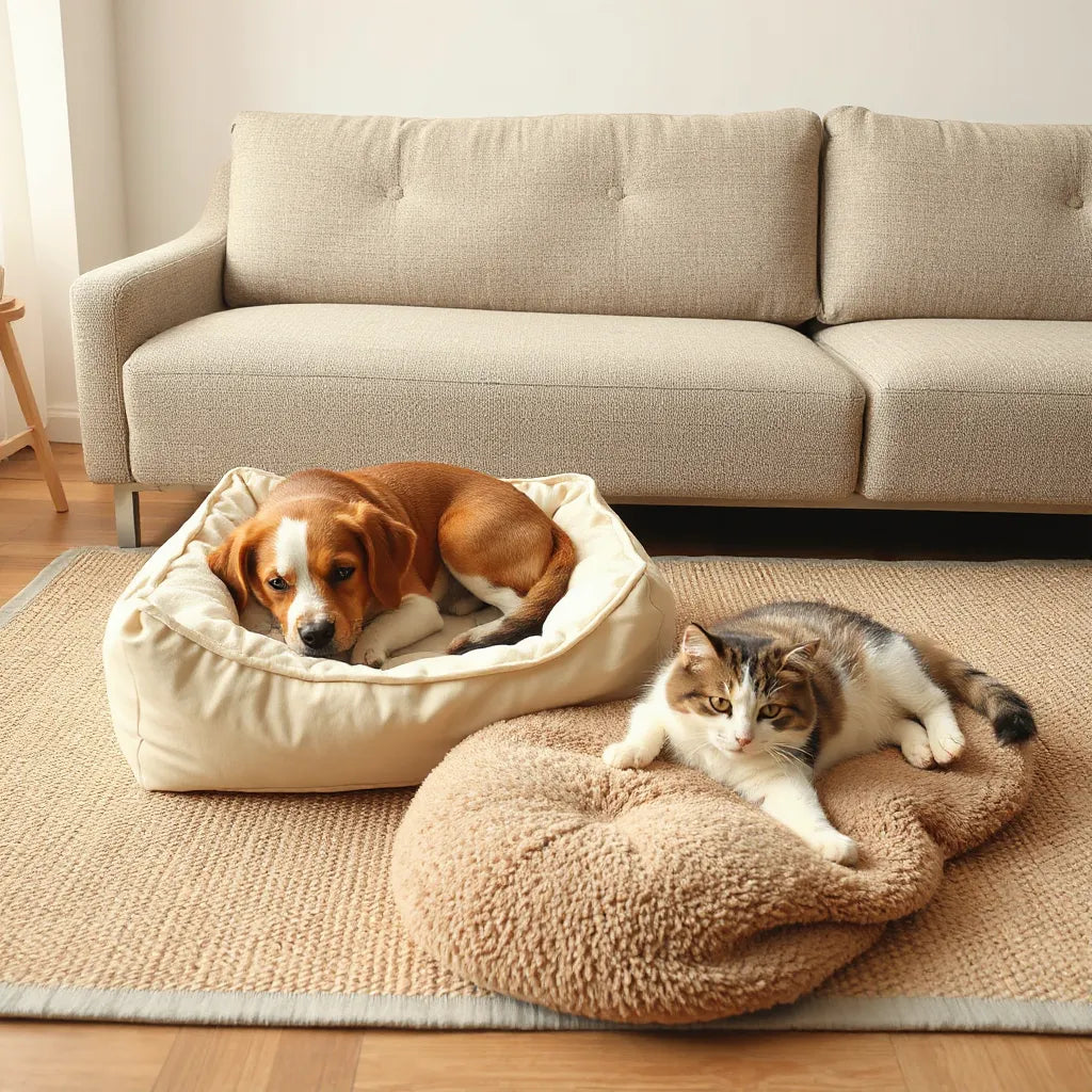 A dog and a cat resting on cozy, supportive pet bedding in a warm living room