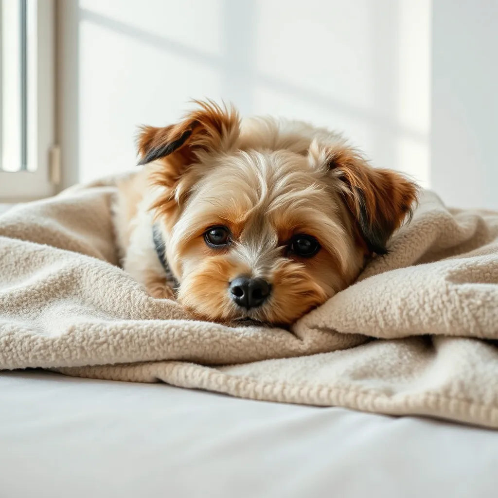 Dog curled up on a bed with a soft fleece blanket in warm, neutral tones
