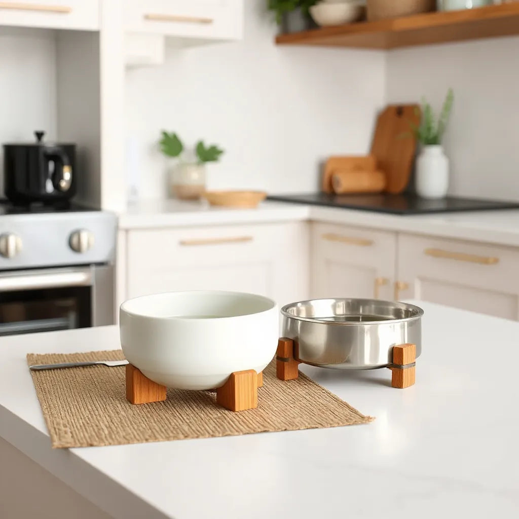 Two reusable material cat bowls on a kitchen counter with natural daylight and minimal decor