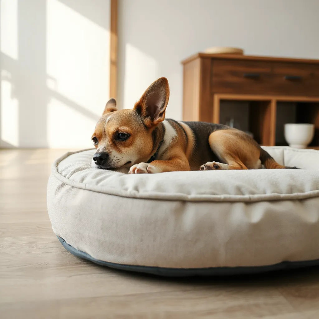 Small dog resting on a non-slip pet bed with textured anti-slip base on a clean floor