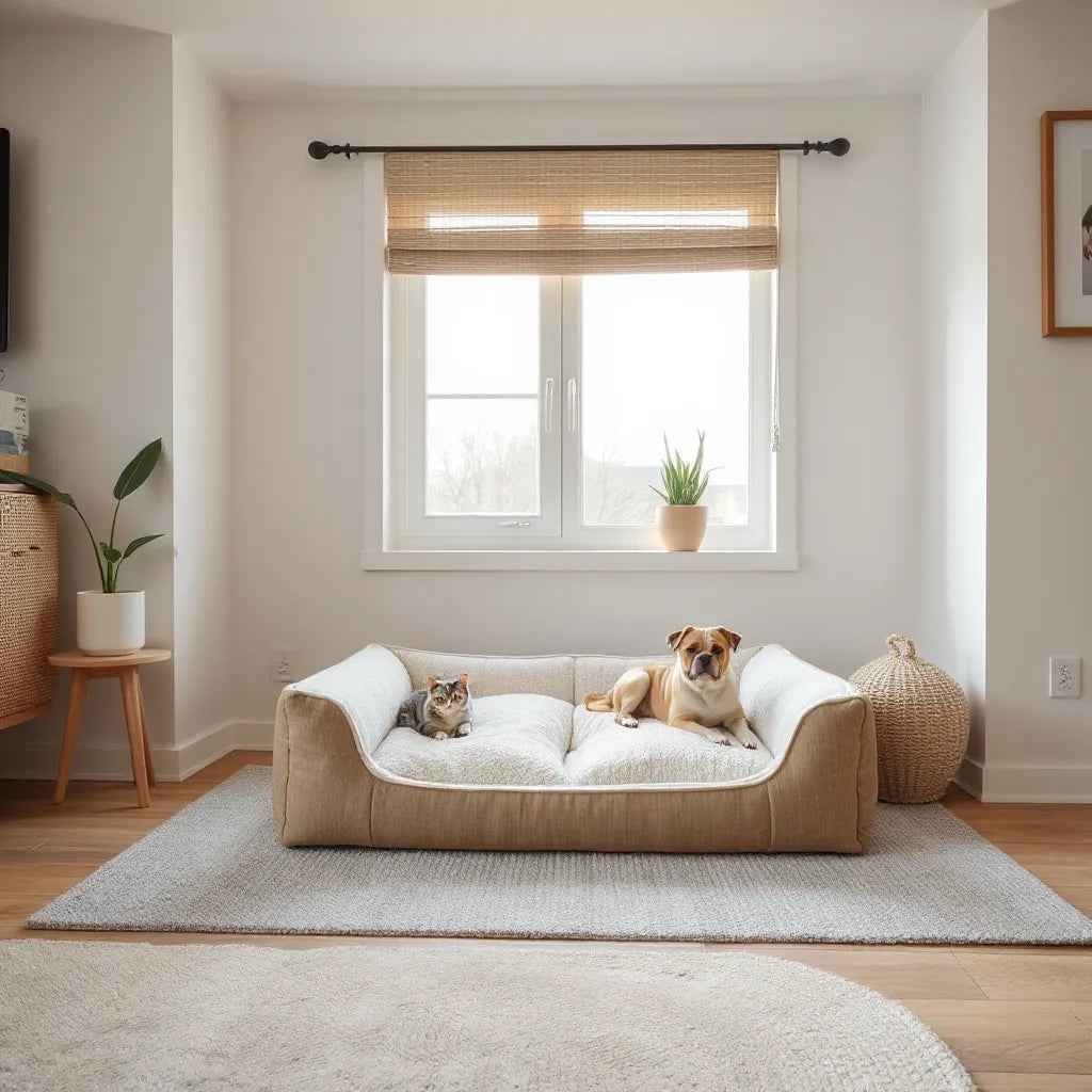 Stylish premium pet bed with plush comfort in a living room, with dog and cat resting nearby