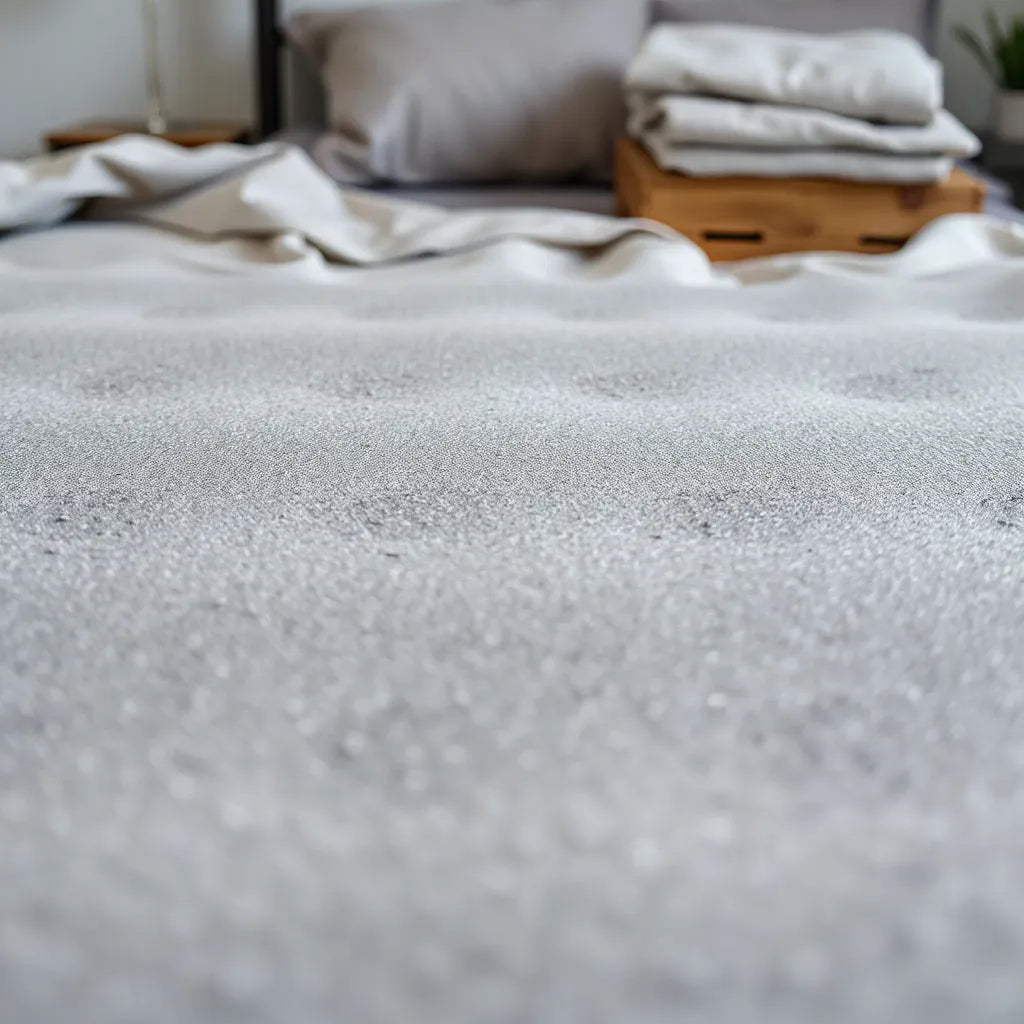 Charcoal gray memory foam surface with subtle speckled texture under soft natural light