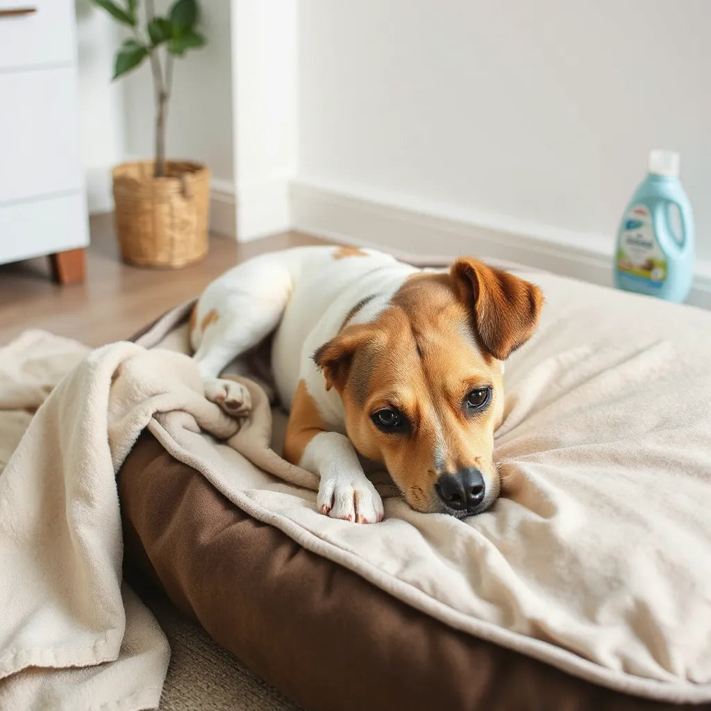 Dog bed with a removable, washable cover and fresh clean fabric in natural daylight