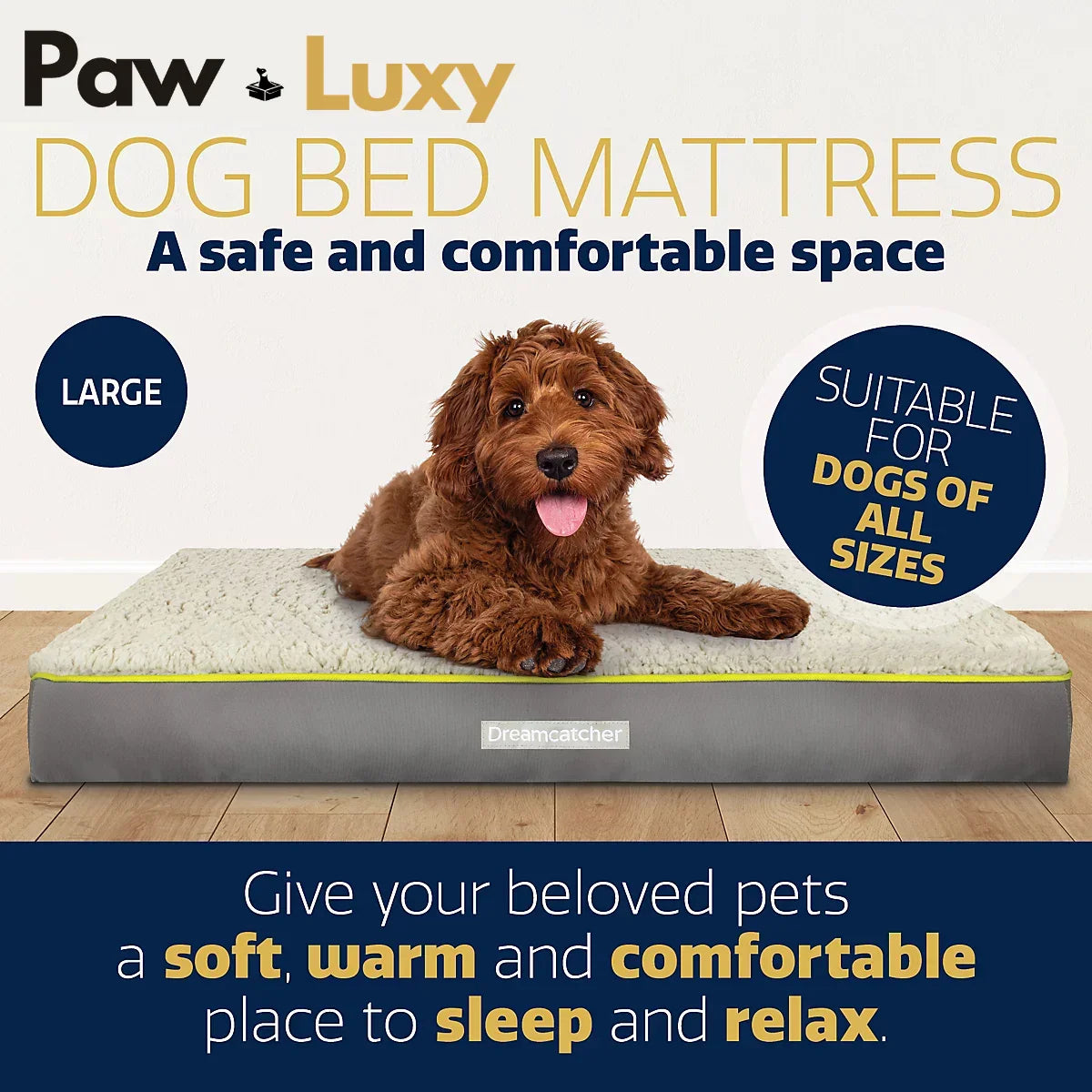 Brown dog lying on large memory foam dog bed mattress for all sizes, soft and comfortable.
