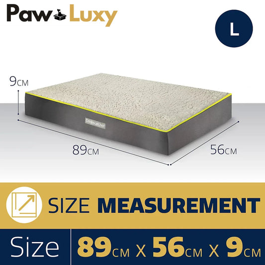 Large rectangular pet bed with grey sides, cream top, and size 89x56x9cm measurements.
