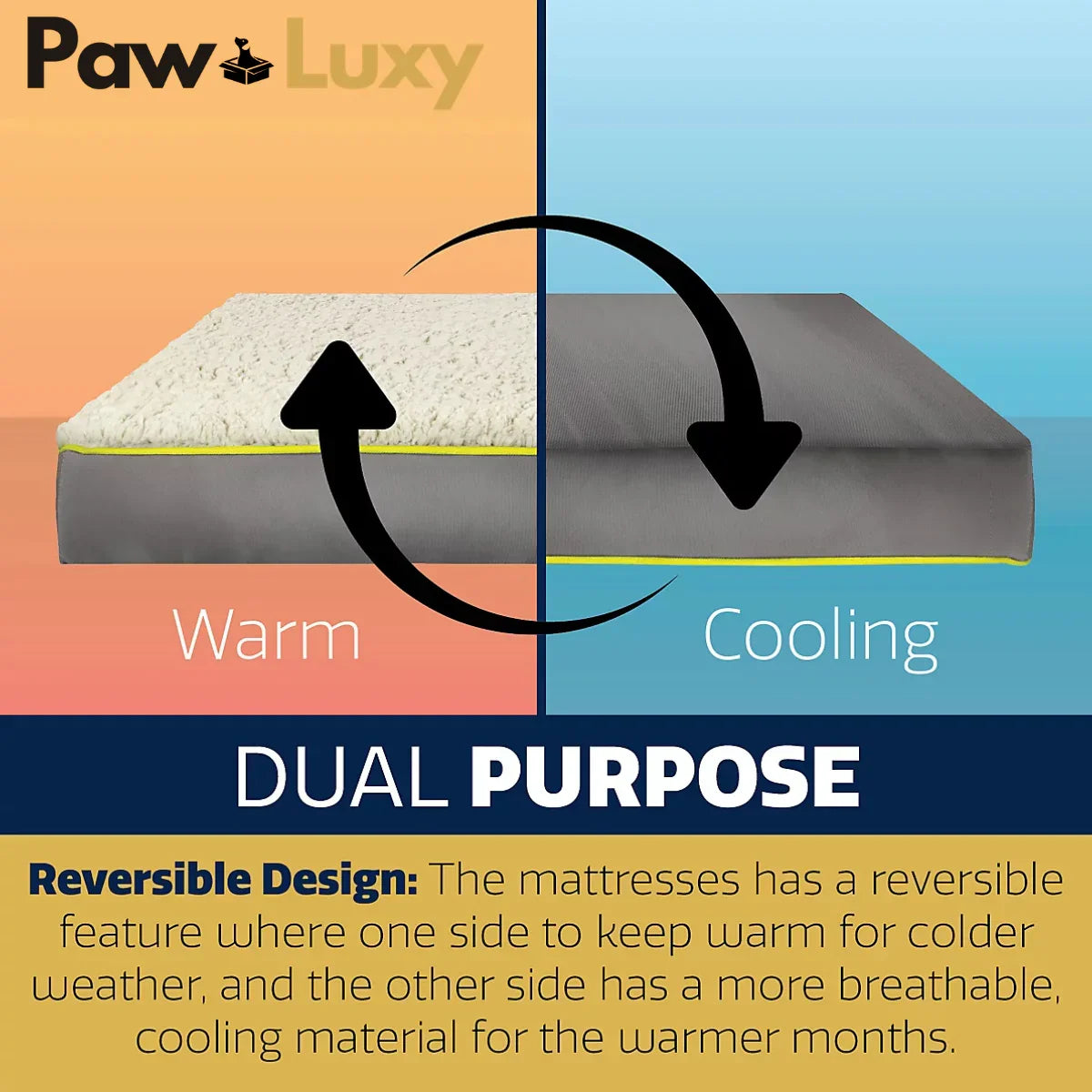 Reversible pet mattress with warm fleece side and cooling grey side for cats and dogs.