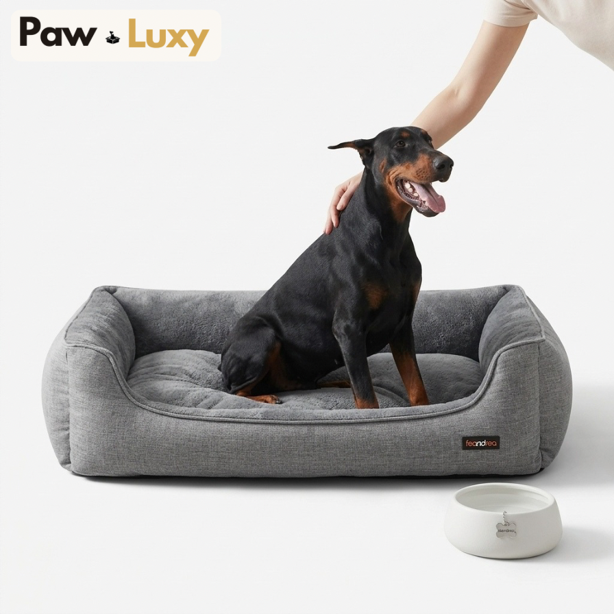 Premium Dog Sofa Bed — Linen-Look with Raised Edges | Washable Removable Cover | Non-Slip Base