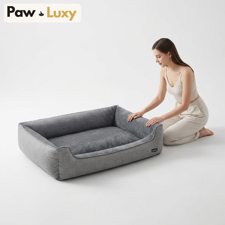 Premium Dog Sofa Bed — Linen-Look with Raised Edges | Washable Removable Cover | Non-Slip Base