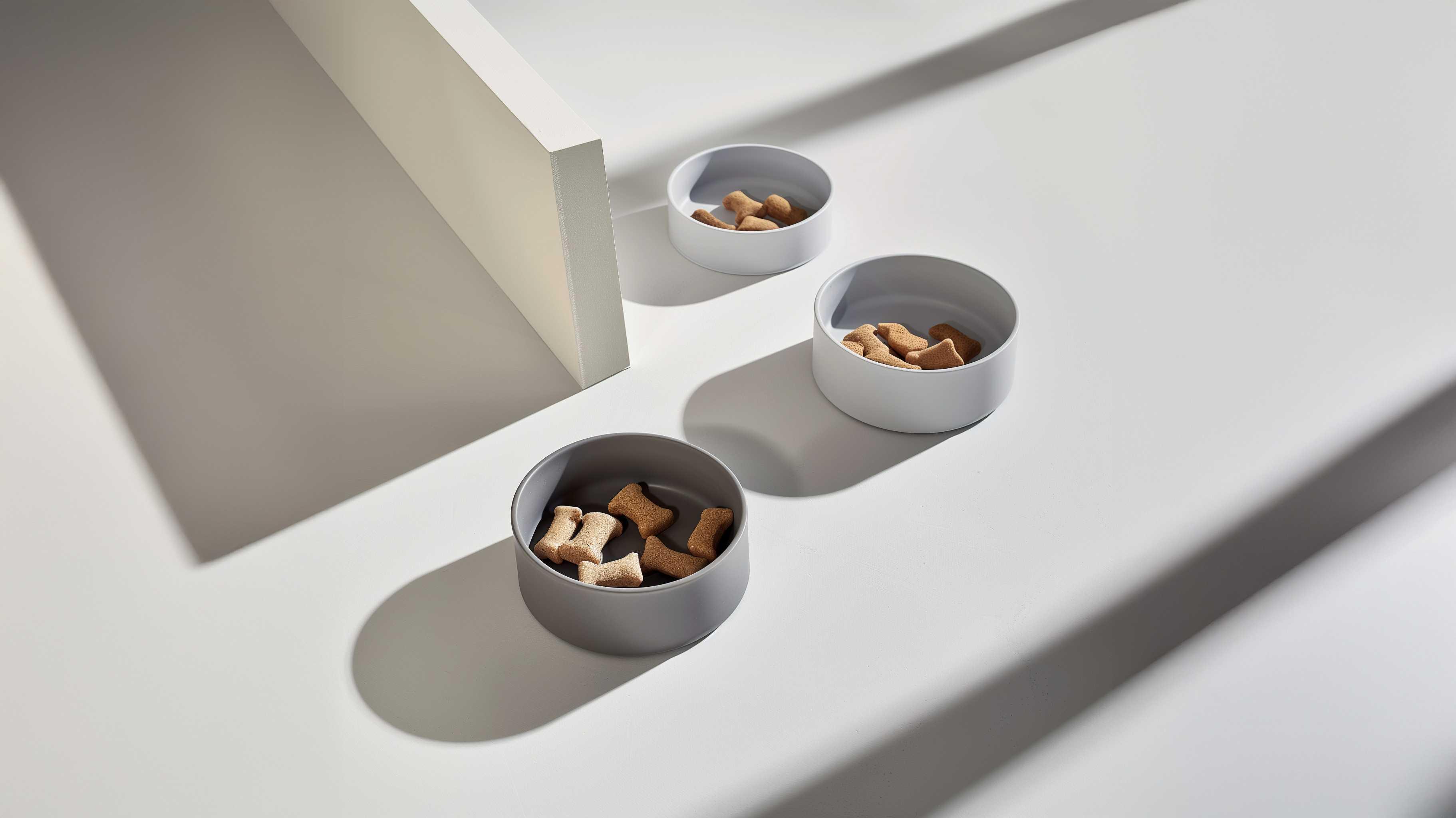 Minimalist pet bowls with dog treats on white background, modern pet supplies