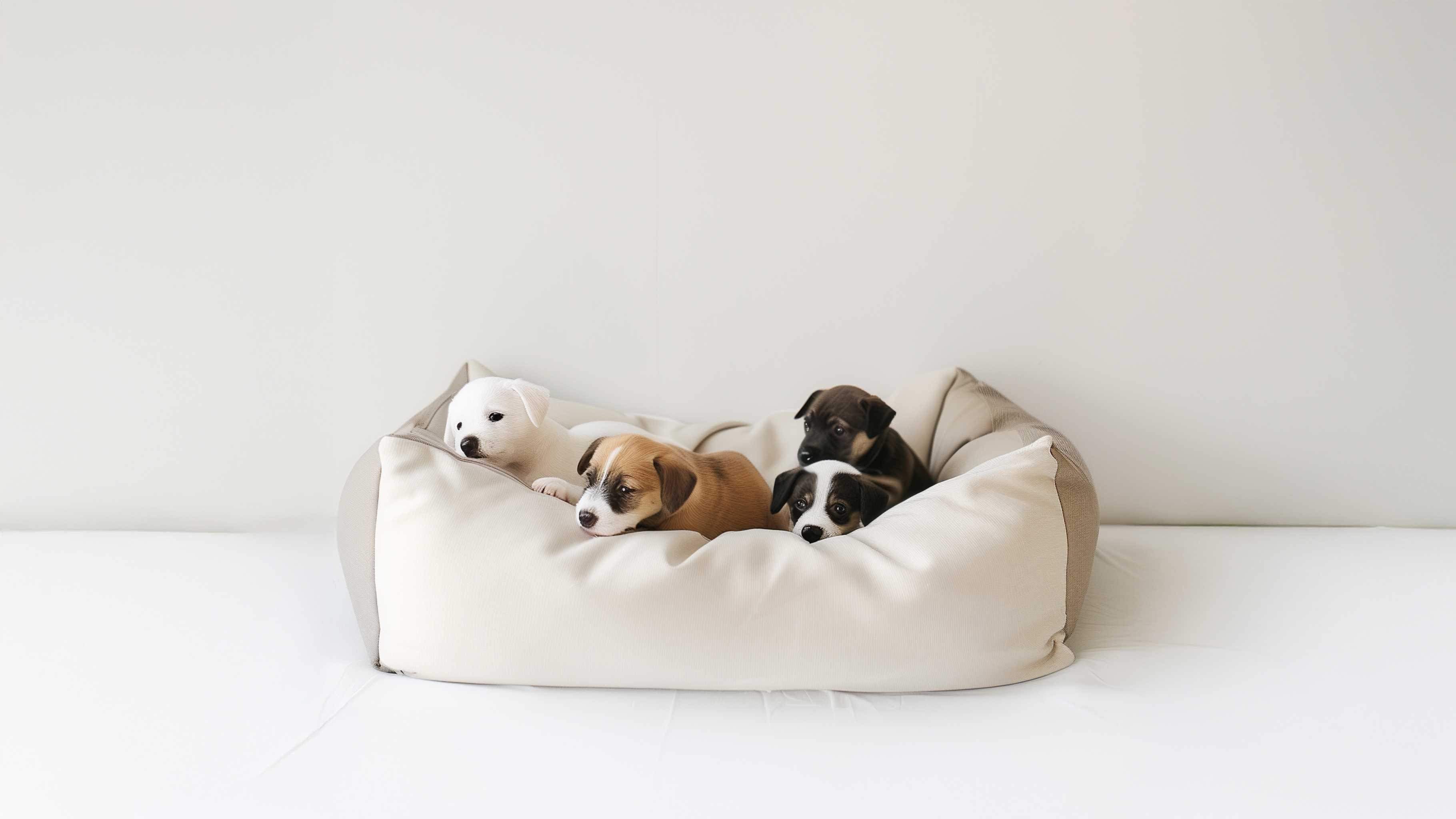 Four puppies resting in a beige dog bed on a white background, pet supplies minimal style