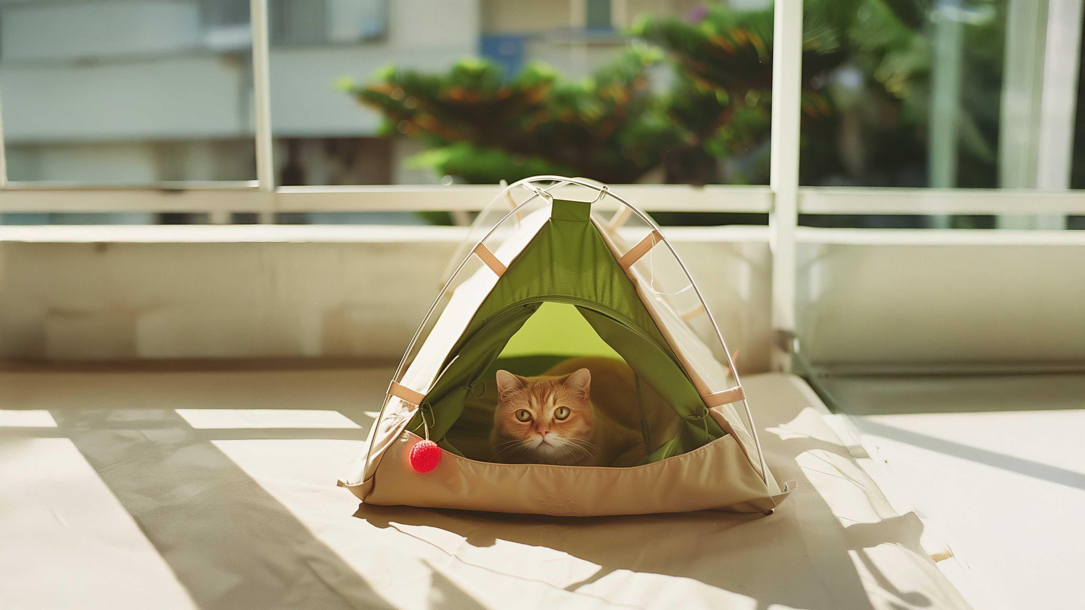 Ginger cat sitting inside a green pet tent with a red toy on a sunny balcony.