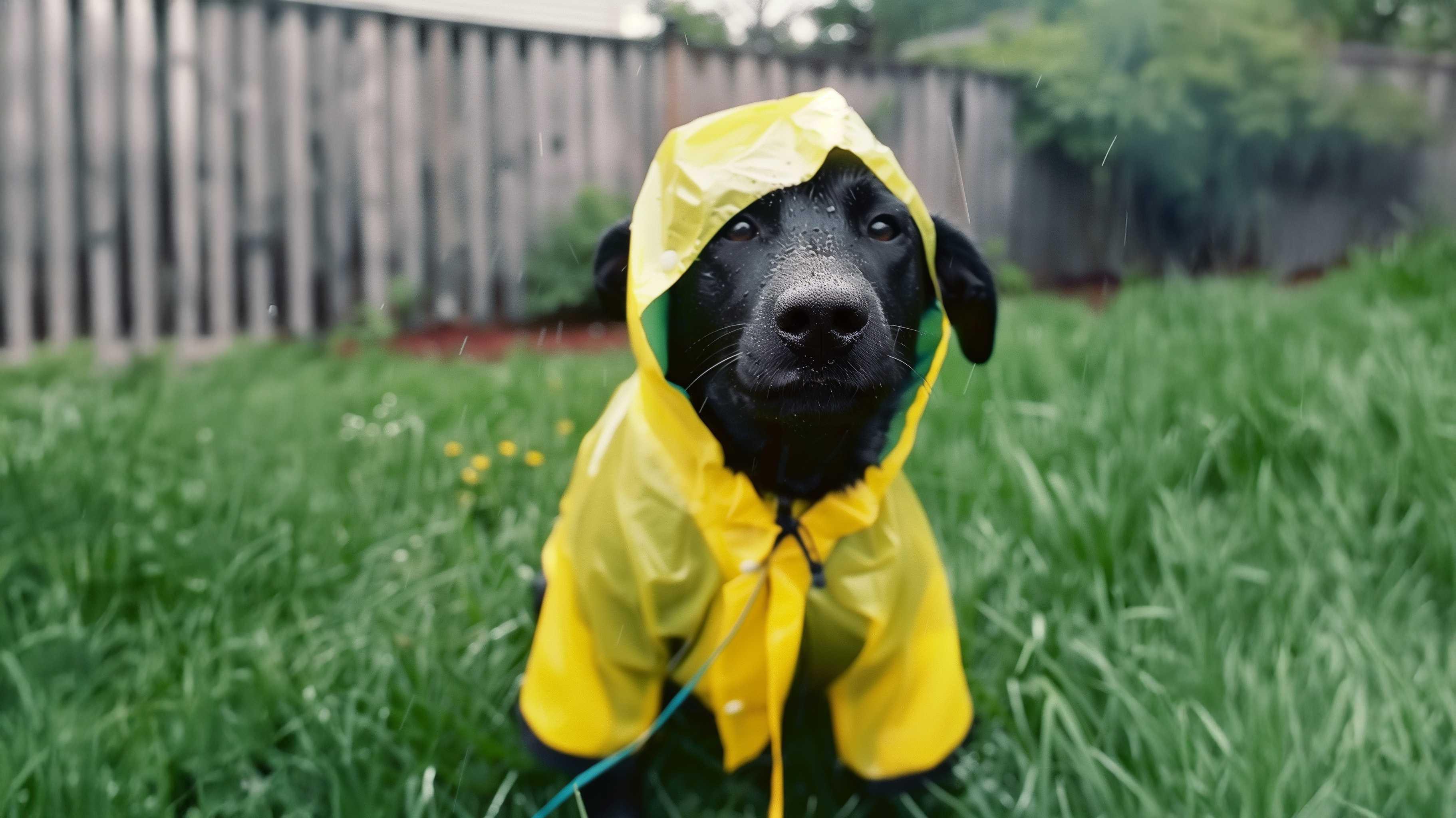 Black dog in yellow raincoat sitting on wet grass in a garden during rain