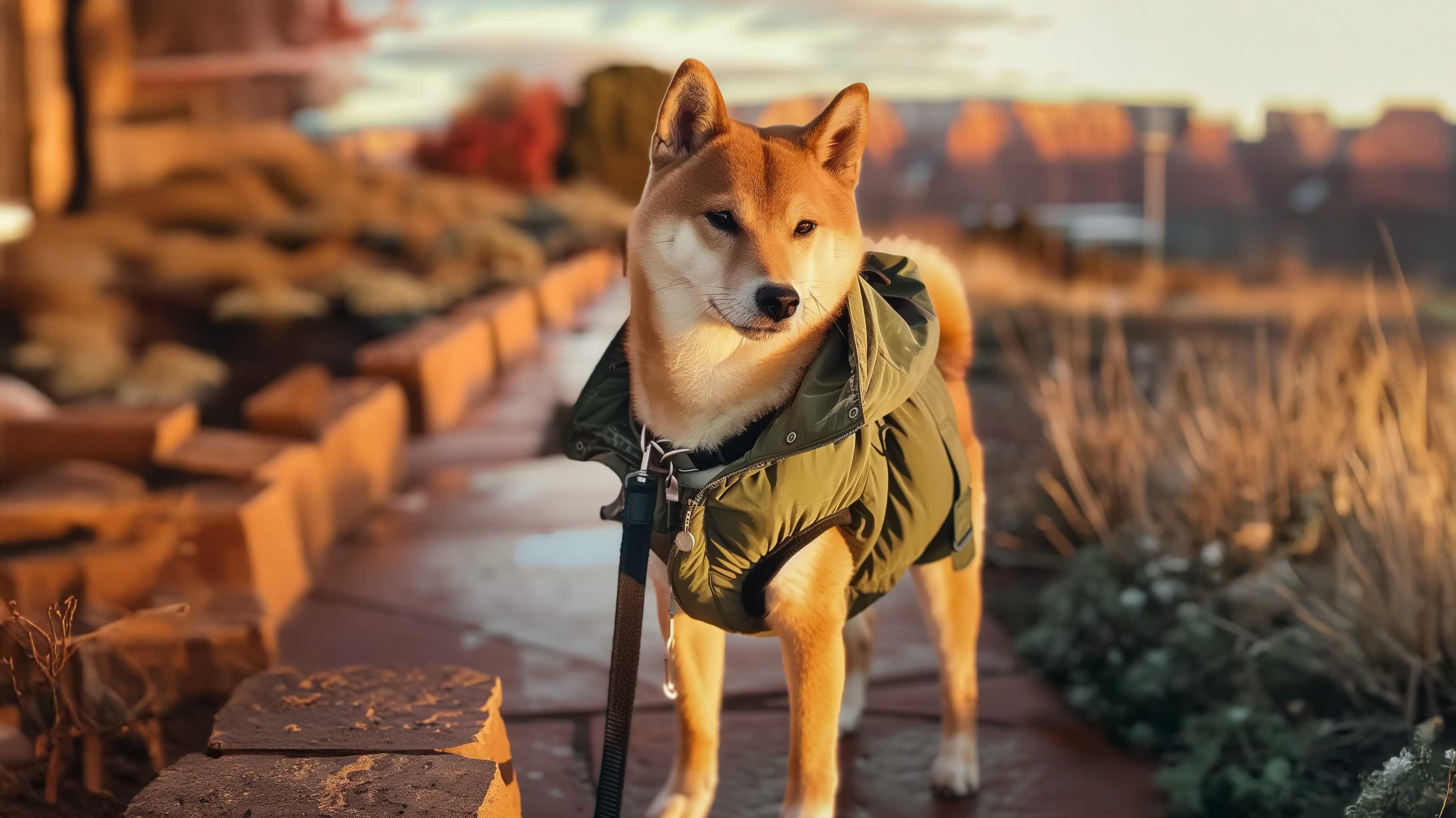 Shiba Inu dog in green waterproof jacket and leash outdoors on a stone path at sunset