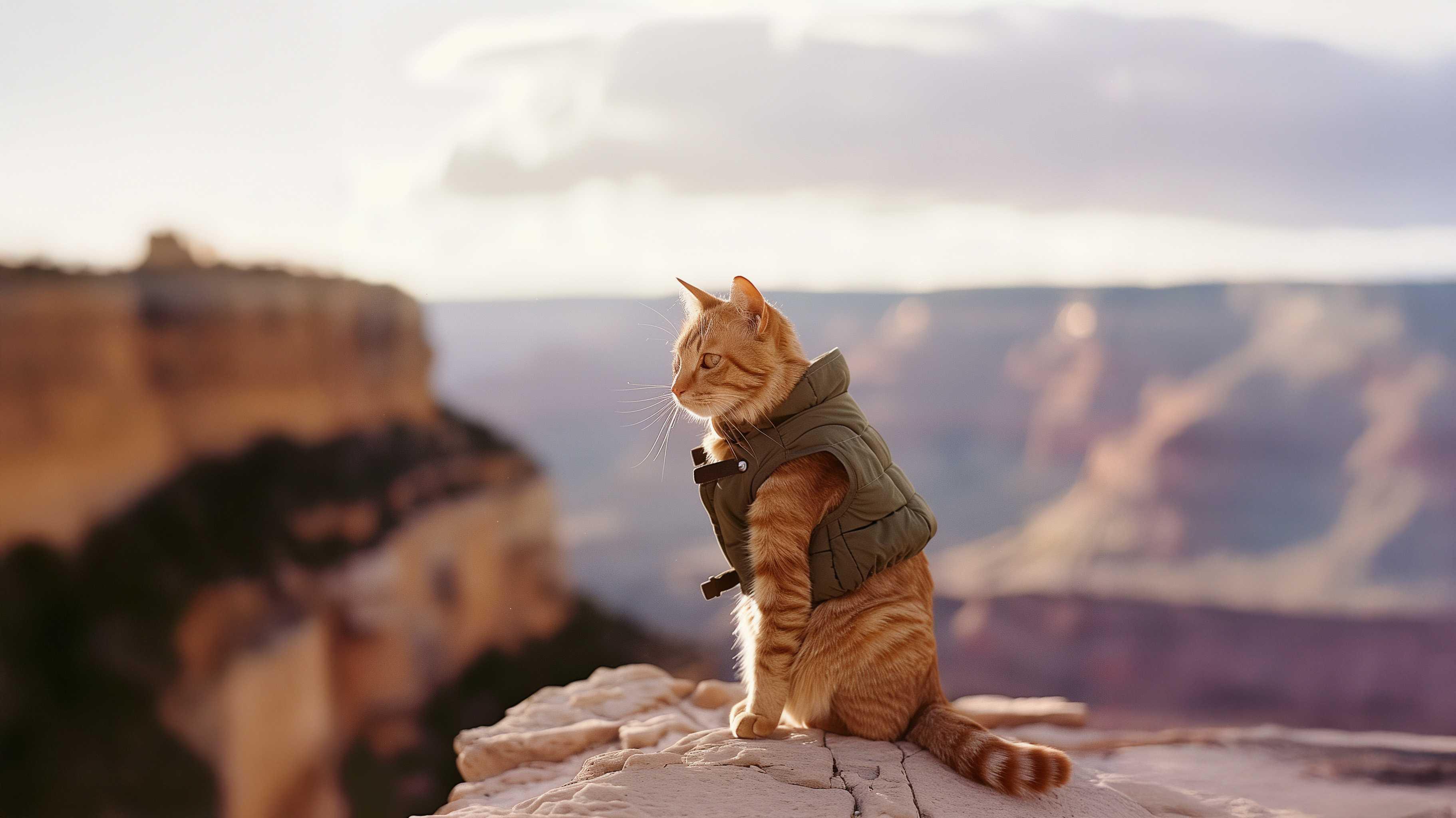 Orange tabby cat wearing a green jacket outdoors on a rocky cliff at sunset